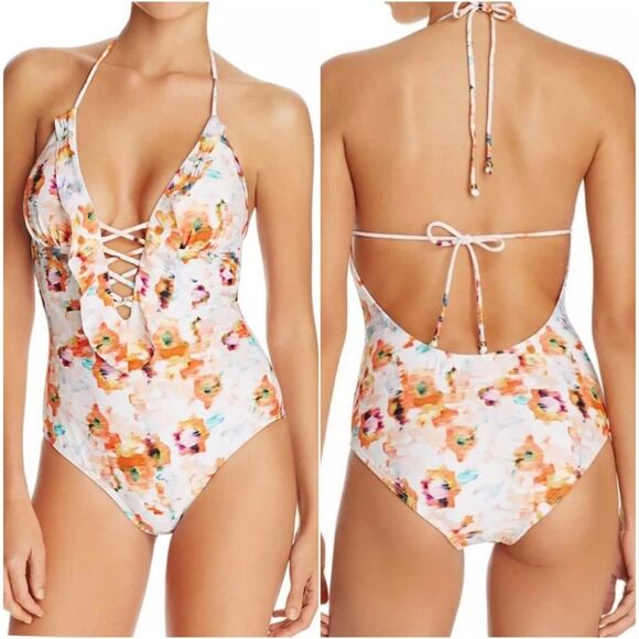 Shoshanna Deep V Halter One Piece Lace Up Swimsuit Bathing Suit Size 6 $230 - Picture 1 of 12